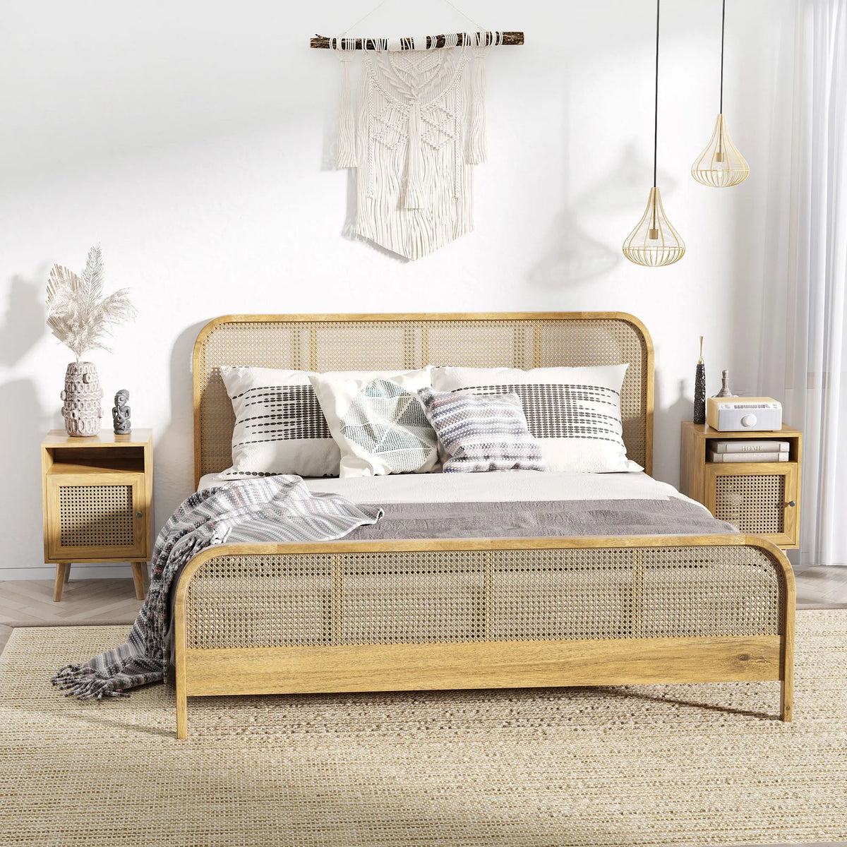 Bedside Table Nightstand with Storage Shelf and Door Cupboard, Natural