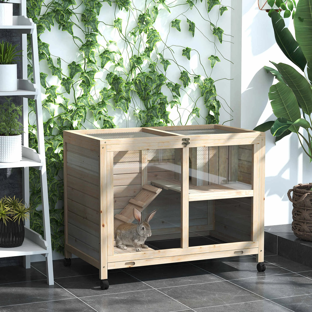 Indoor Wooden Rabbit Hutch 2 Floor Bunny Cage with Ramp Openable Top Latched Door and Wheels