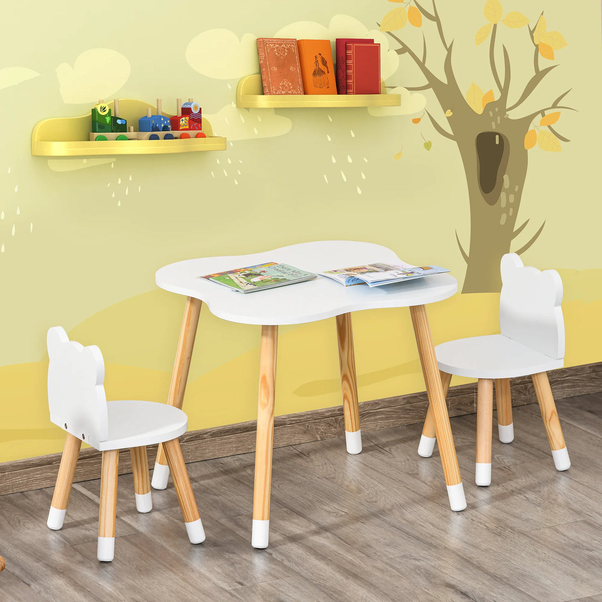 3 Piece Kids Table and Chair Set with 2 Bear Shaped Chairs MDF Solid Pine Legs Wipe Clean White