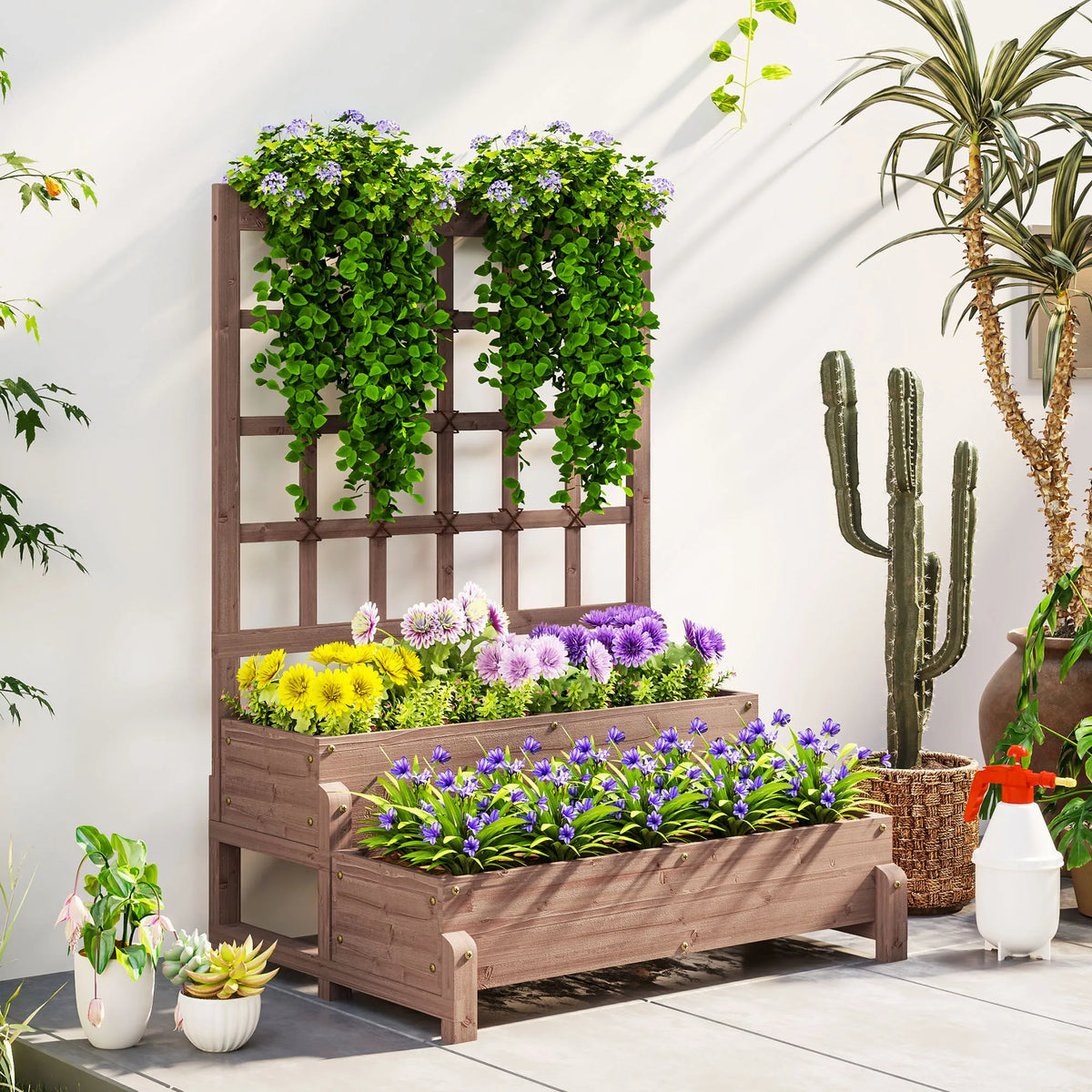 2-Tier Wooden Raised Flower Bed with Trellis and Drainage Holes, Brown