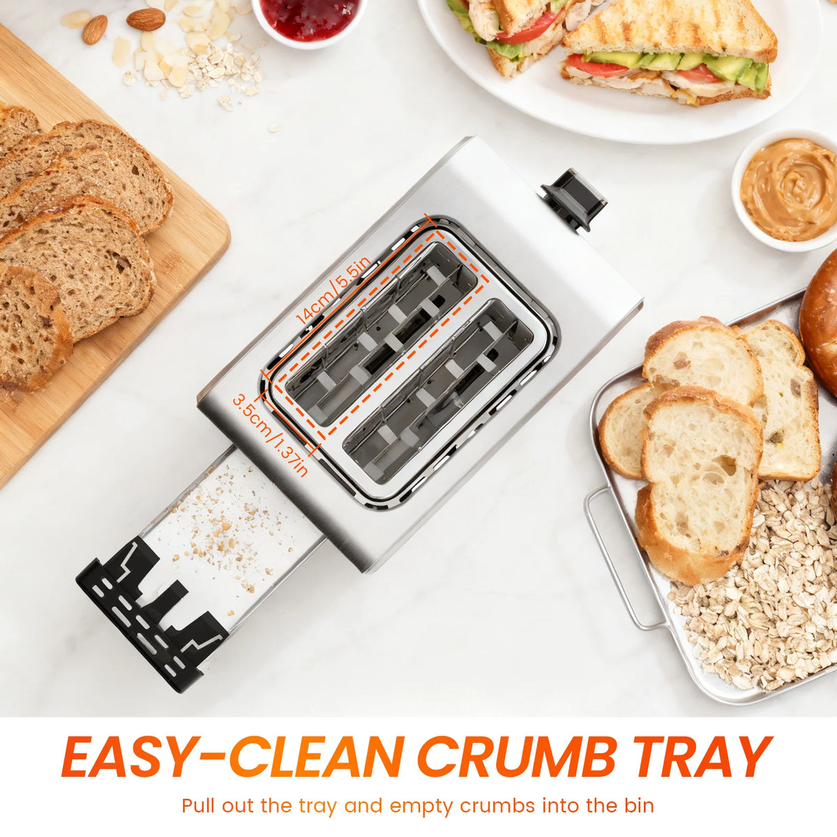 2 Slice Compact Toaster 850W Stainless Steel with 7 Browning Settings Defrost Reheat Function and Removable Crumb Tray