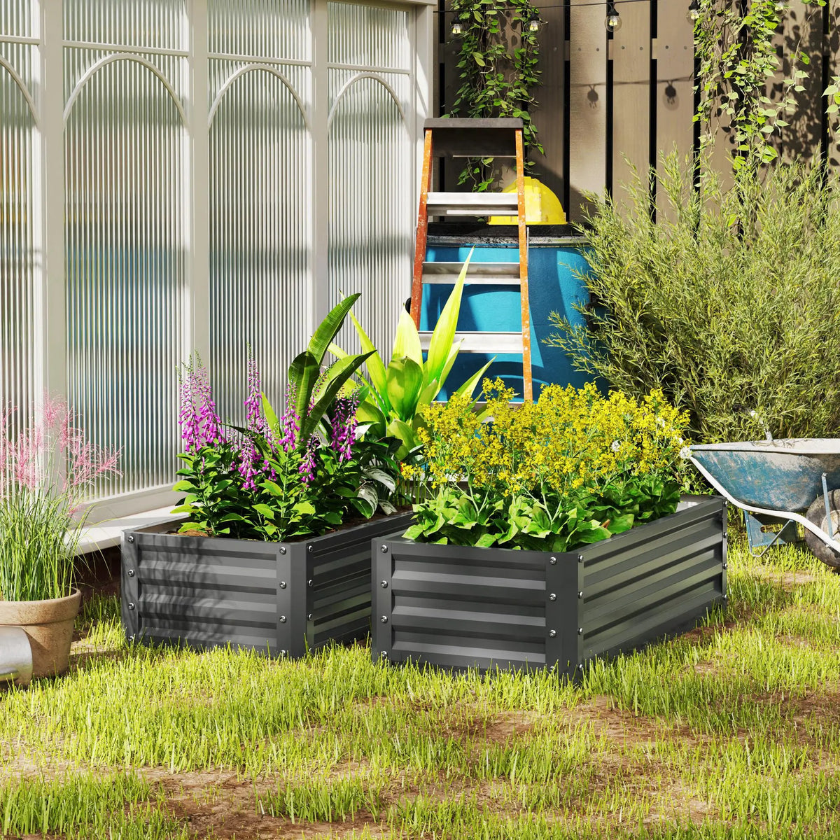 Set of 2 Raised Garden Beds 110x50x30cm Galvanised Steel Planter Boxes with Open Bottom Light Grey