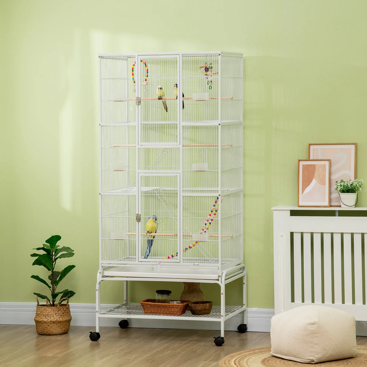 Bird Cage with Stand and Wheels 83x53x180cm 3 Tier Aviary with Perches Ladders and Slide Out Tray White