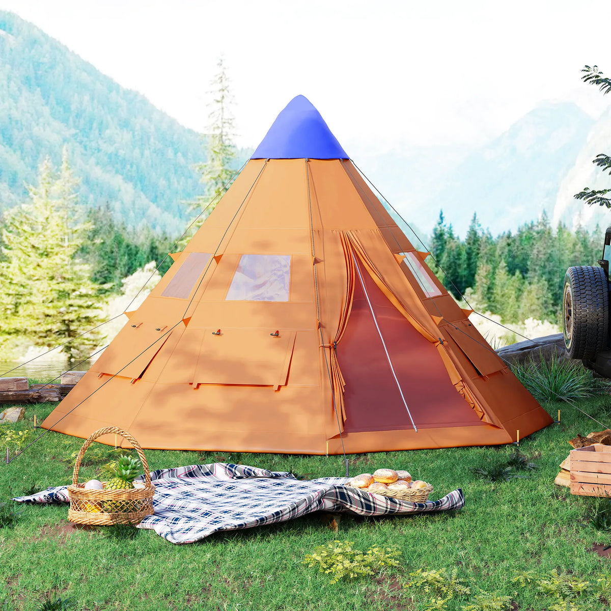 6 Person Tipi Tent with Mesh Windows and Zipped Door, Orange
