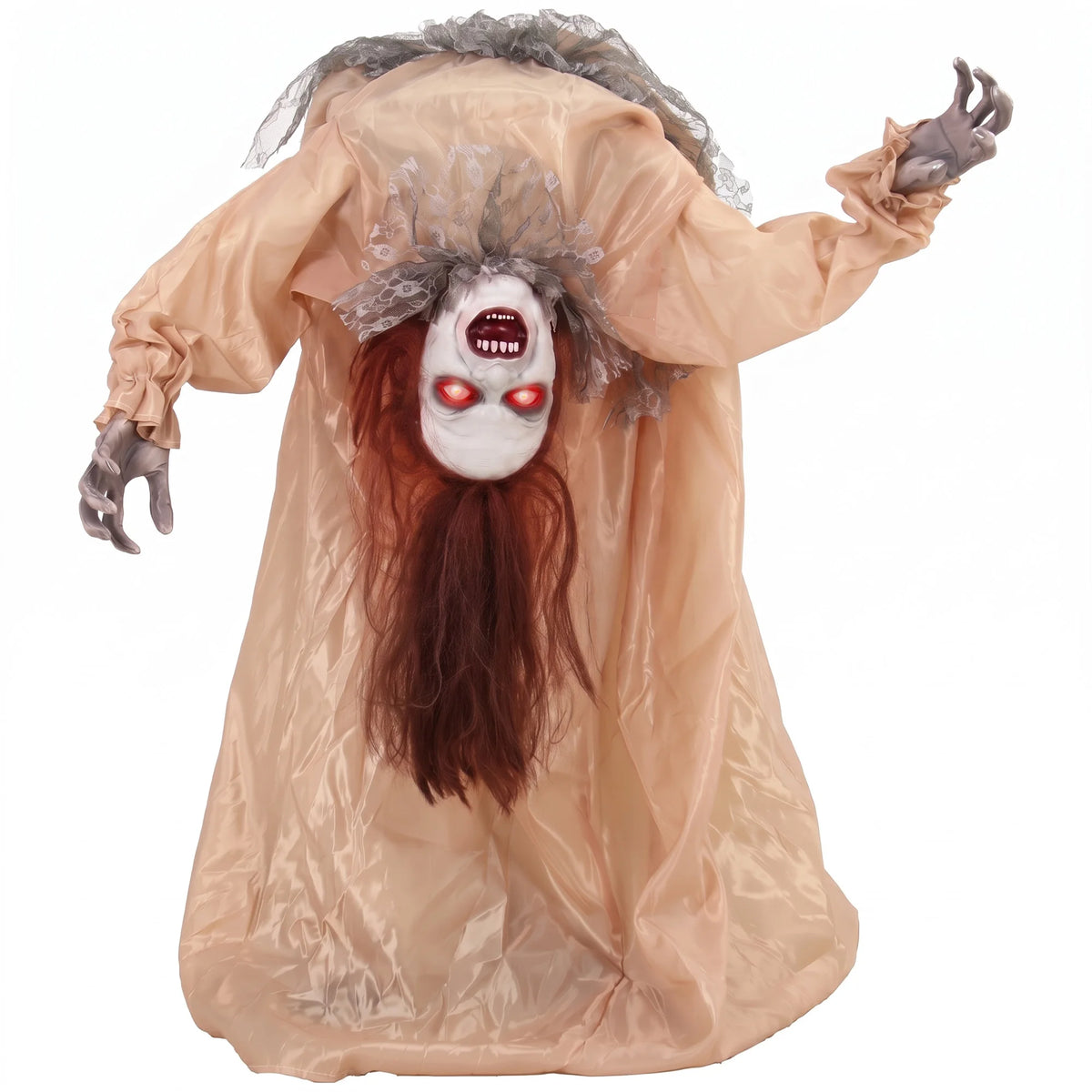 Animated Halloween ghost figure with red glowing eyes and long hair
