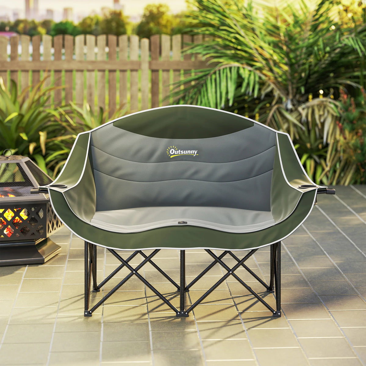 Folding Double Camping Chair with Armrests and Cup Holders, Green