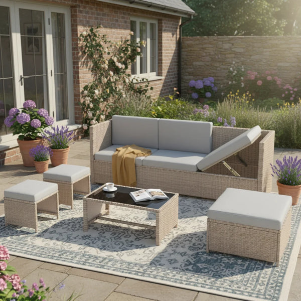 4-6 Seater Rattan Garden Lounge Set with Coffee Table, Khaki
