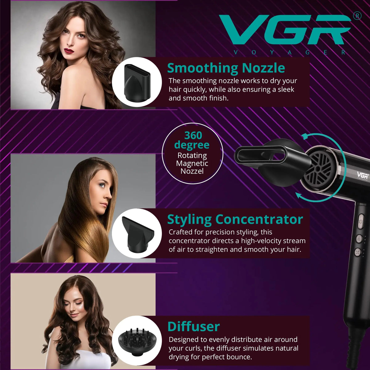 Professional Brushless Hair Dryer V-427 with Magnetic Diffuser and 2 Nozzles, 3 Heat Settings