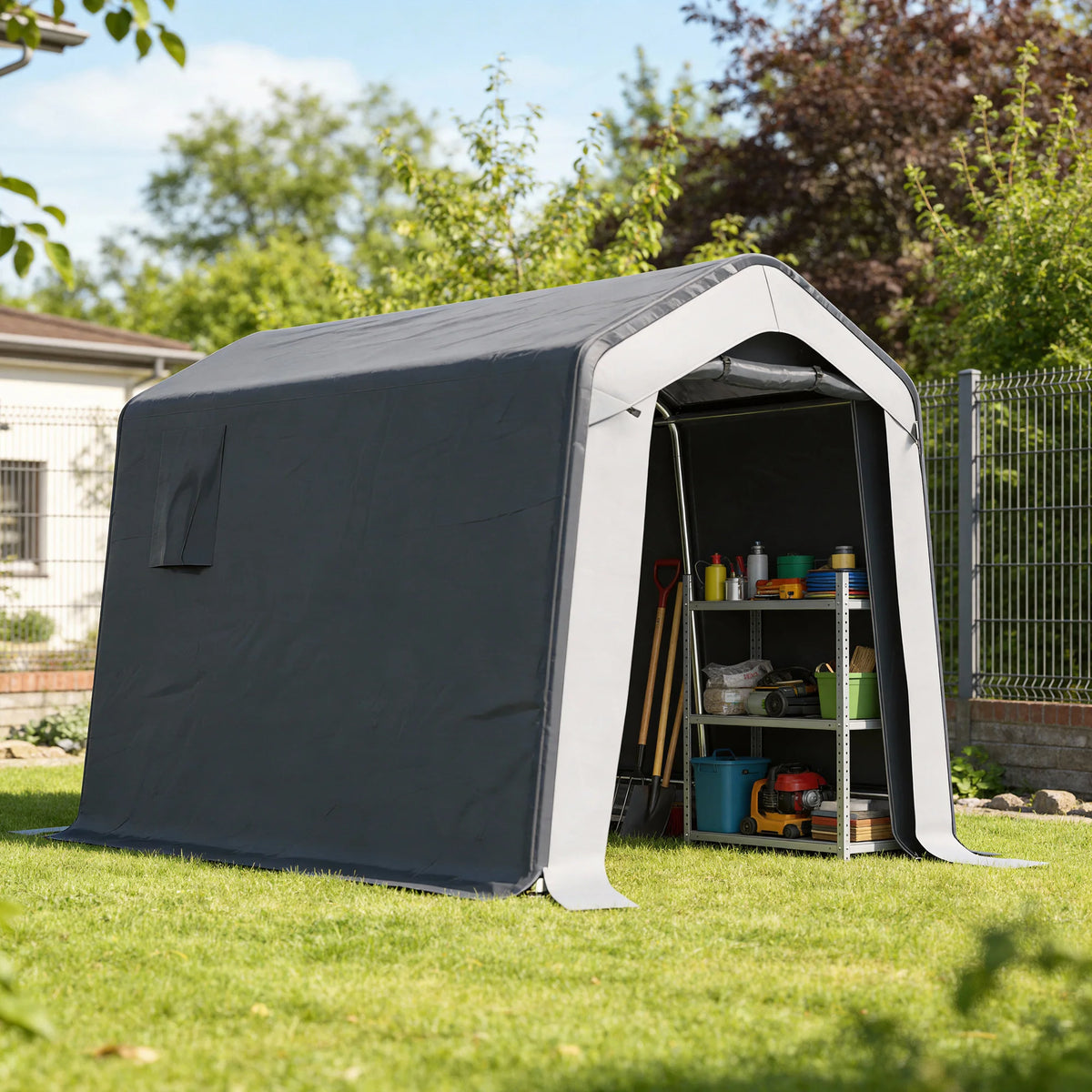 Heavy Duty Storage Shed Tent with Roll-Up Door, 1.8 x 2.4m, Grey