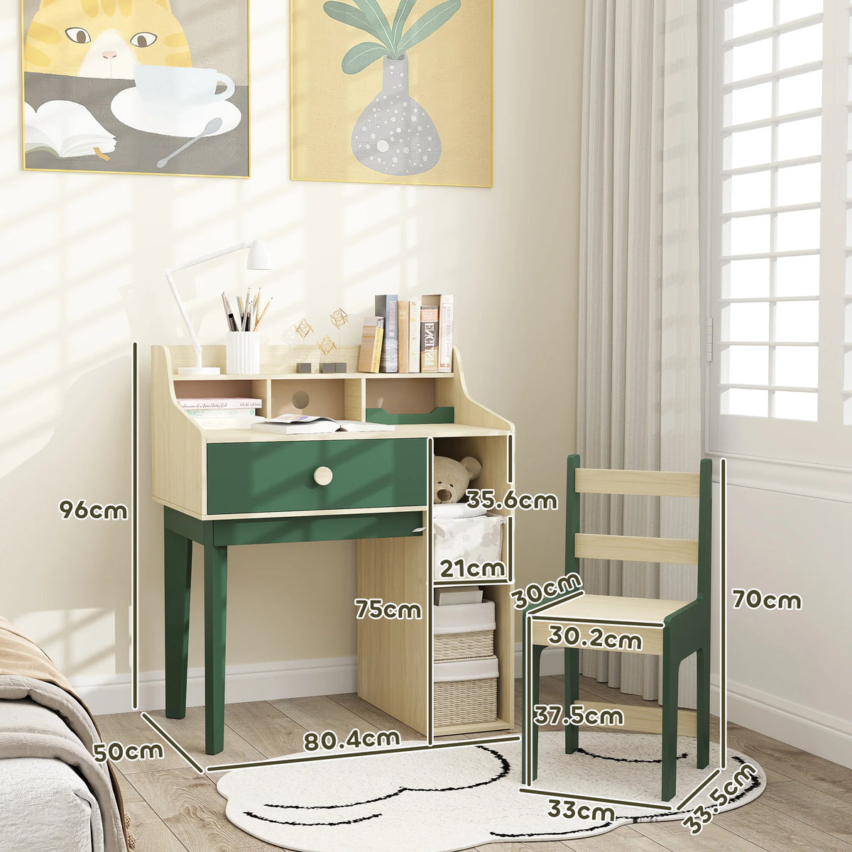 Kids Desk and Chair Set with Double Layer Shelf Drawer and 2 Storage Grids for Ages 3-10 Green
