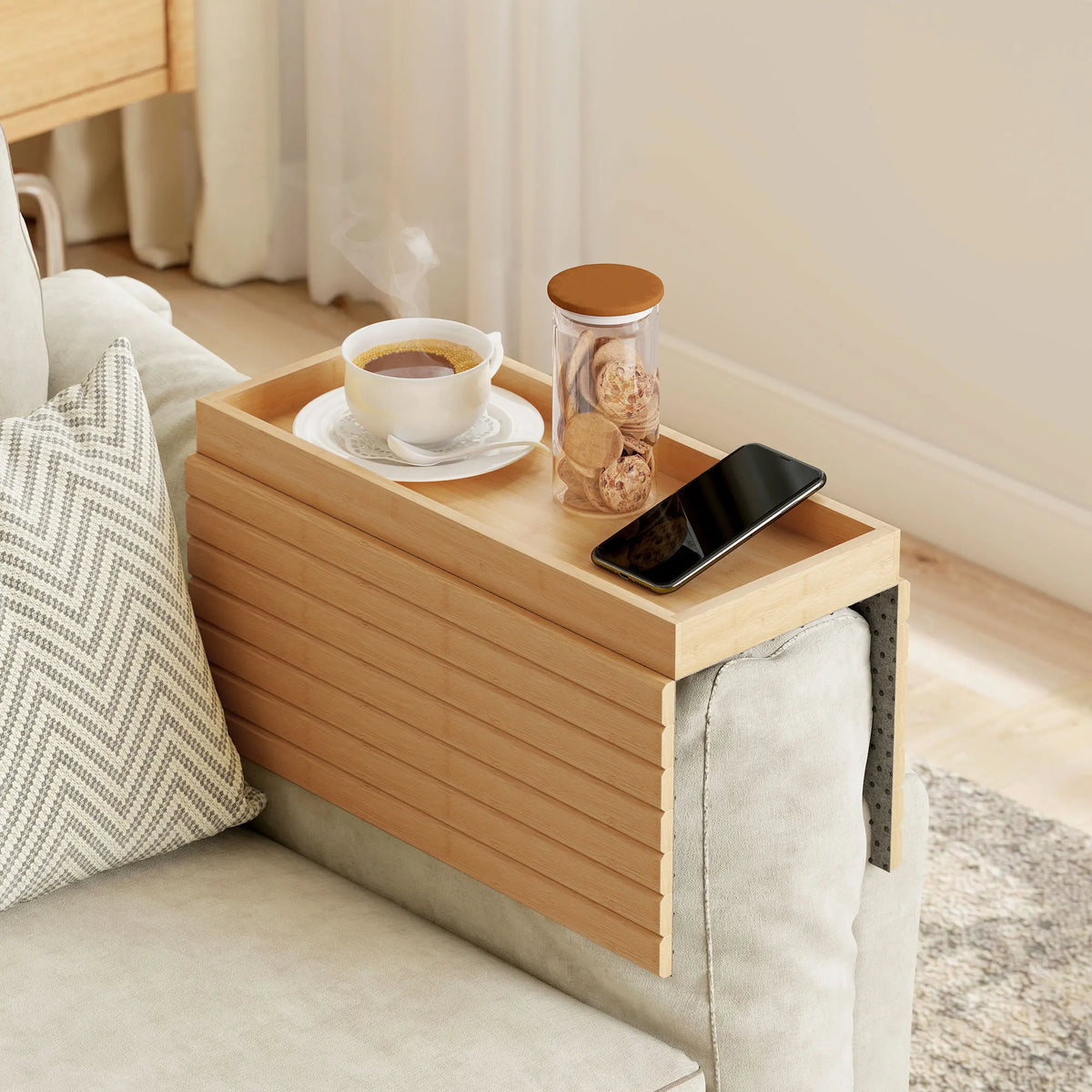 Bamboo Sofa Arm Tray, Roll-Up Armrest Table, Natural