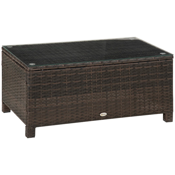 PE Rattan Garden Coffee Table Rectangular with Tempered Glass Top Metal Frame 39cm High Mixed Brown