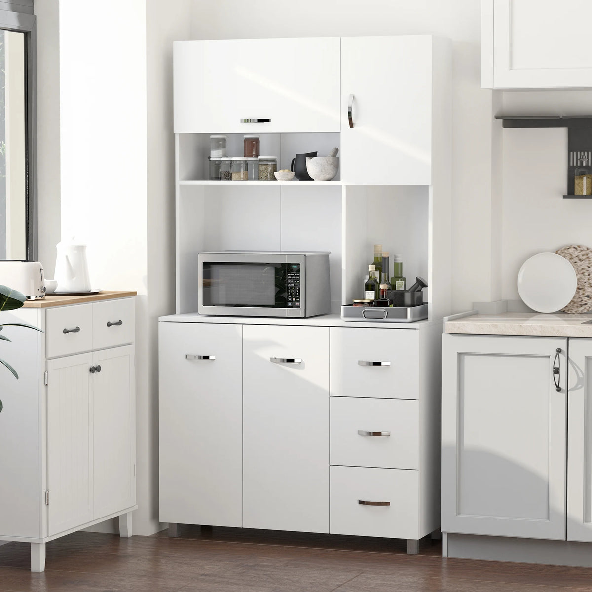 Freestanding Kitchen Cupboard Storage Unit with Drawers and Shelf