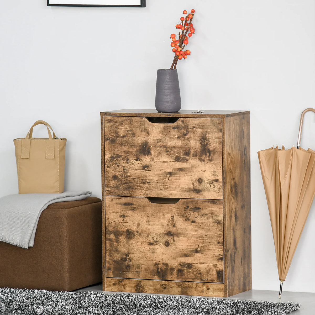 Shoe Cabinet with 2 Flip Drawers for 12 Pairs 62.5x26x81cm Two Tone Wood Effect Anti Tipping Rustic Brown