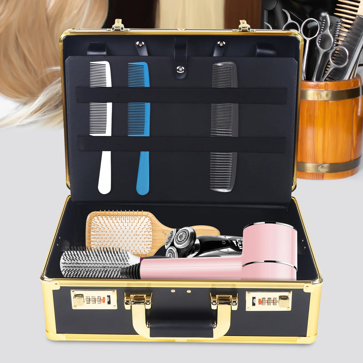 Large Makeup Case 40x16.5x27.5cm with 2 Combination Locks Fireproof Board and Metal 20kg Capacity Gold