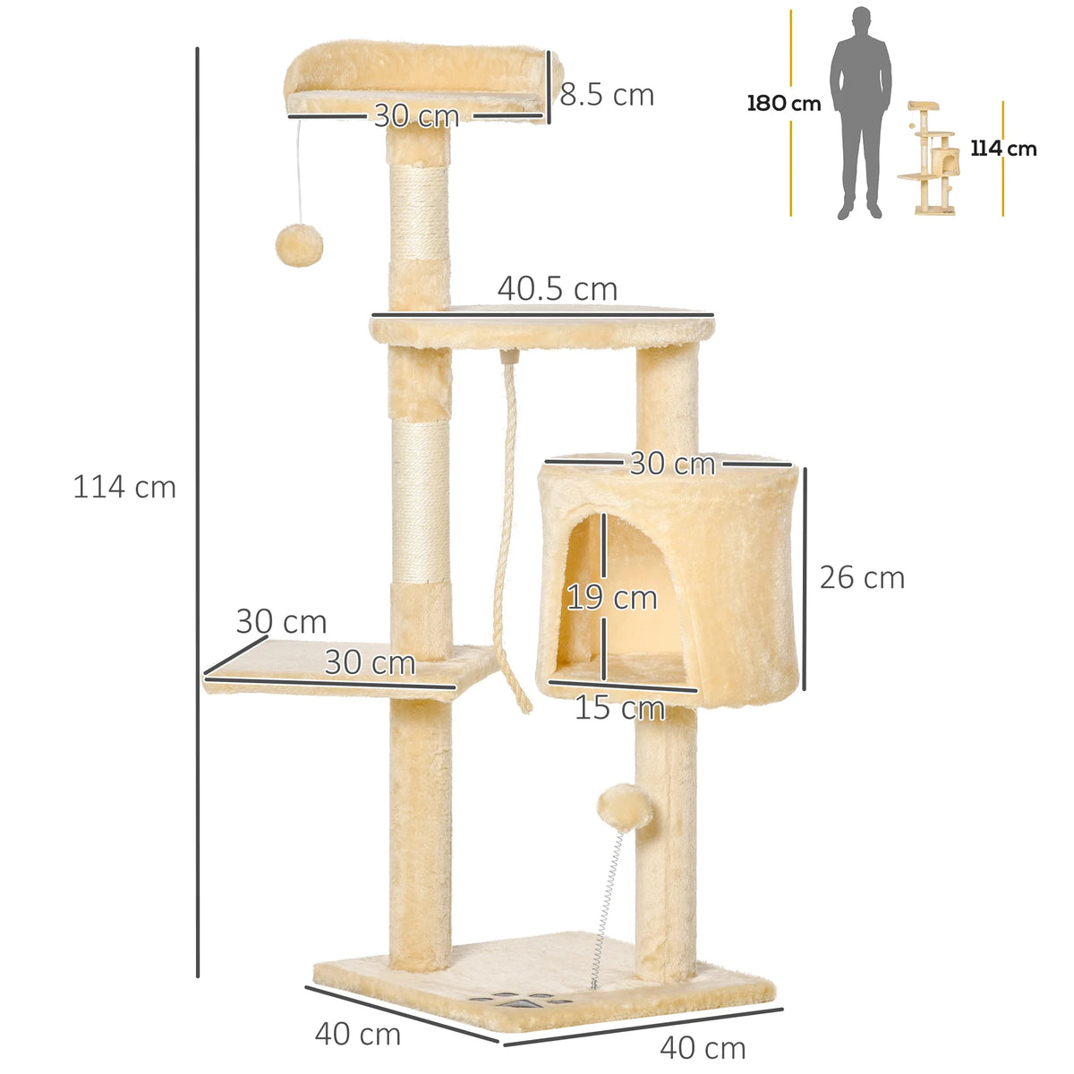 4-Tier Cat Tree with Condo, Sisal Scratching Posts and Perches, 114cm, Beige