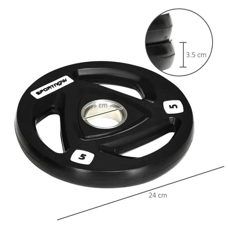 Weight Plates 2 x 5kg Tri Grip Rubber Coated with 5cm Holes Steel 24x24x3.5cm Home Gym Black