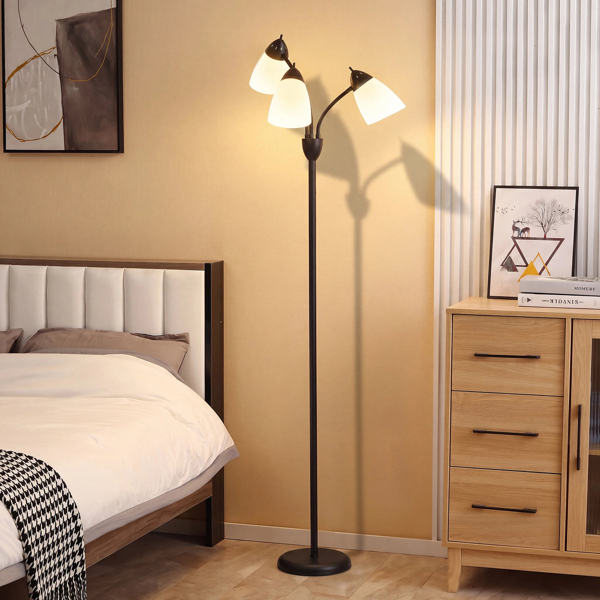 Industrial Arc Tree Floor Lamp with 3 Adjustable Heads, Black