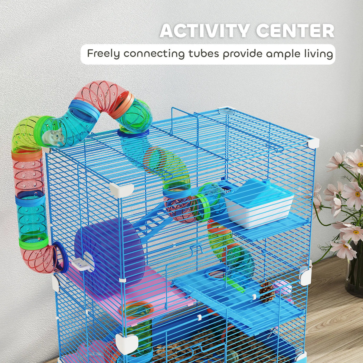 5 Tier Hamster Cage with Play Tunnel Exercise Wheel Food Dish Water Bottle and Carry Handle Blue