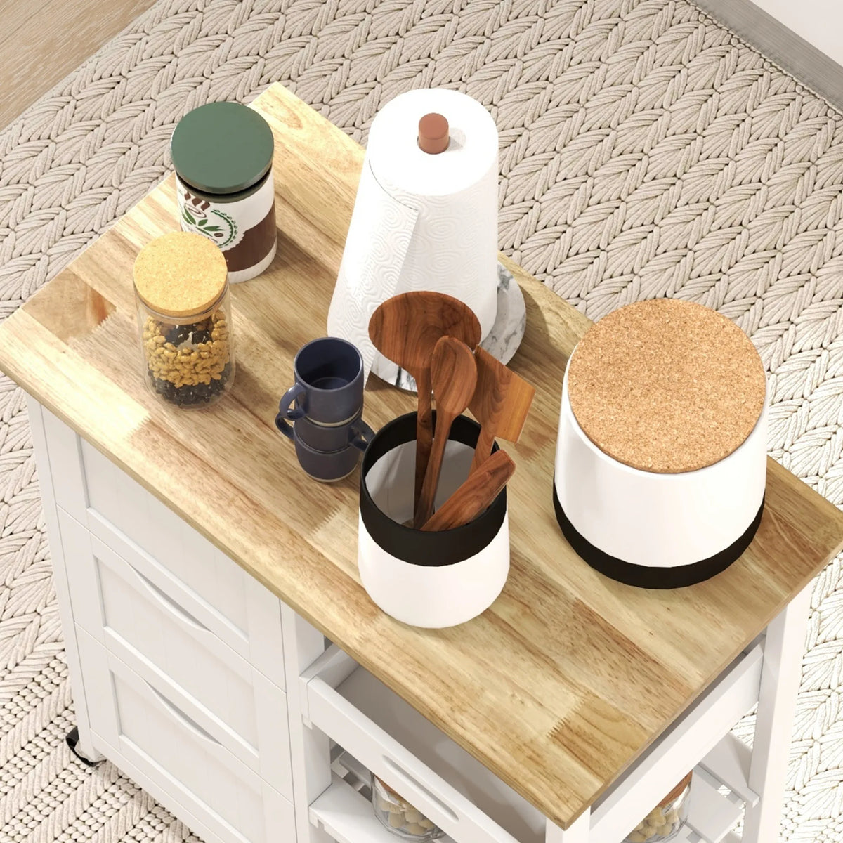 Rolling Kitchen Island Cart with 3 Drawers 2 Slatted Shelves Removable Serving Tray Wooden Top on 4 Wheels