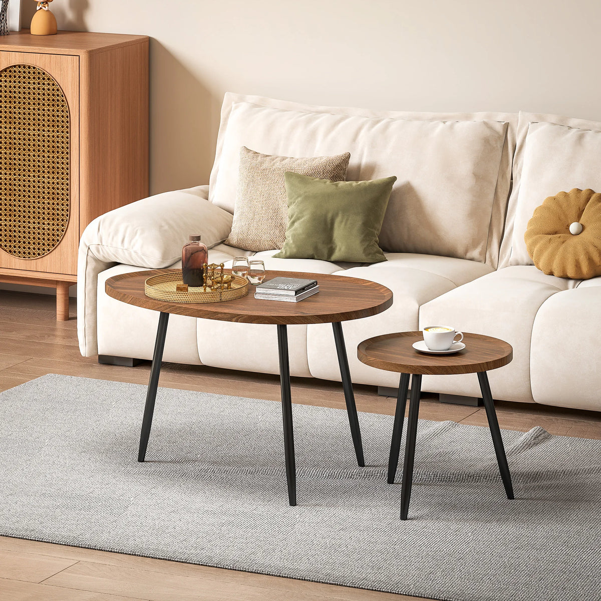80cm Sofa Side Table Set of 2 with Metal Legs, Chestnut Wood Effect