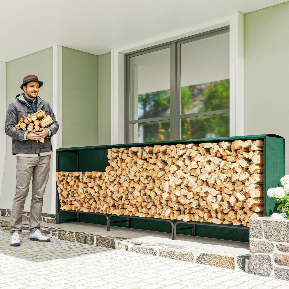 Metal Firewood Rack with Weatherproof Cover – 300 cm