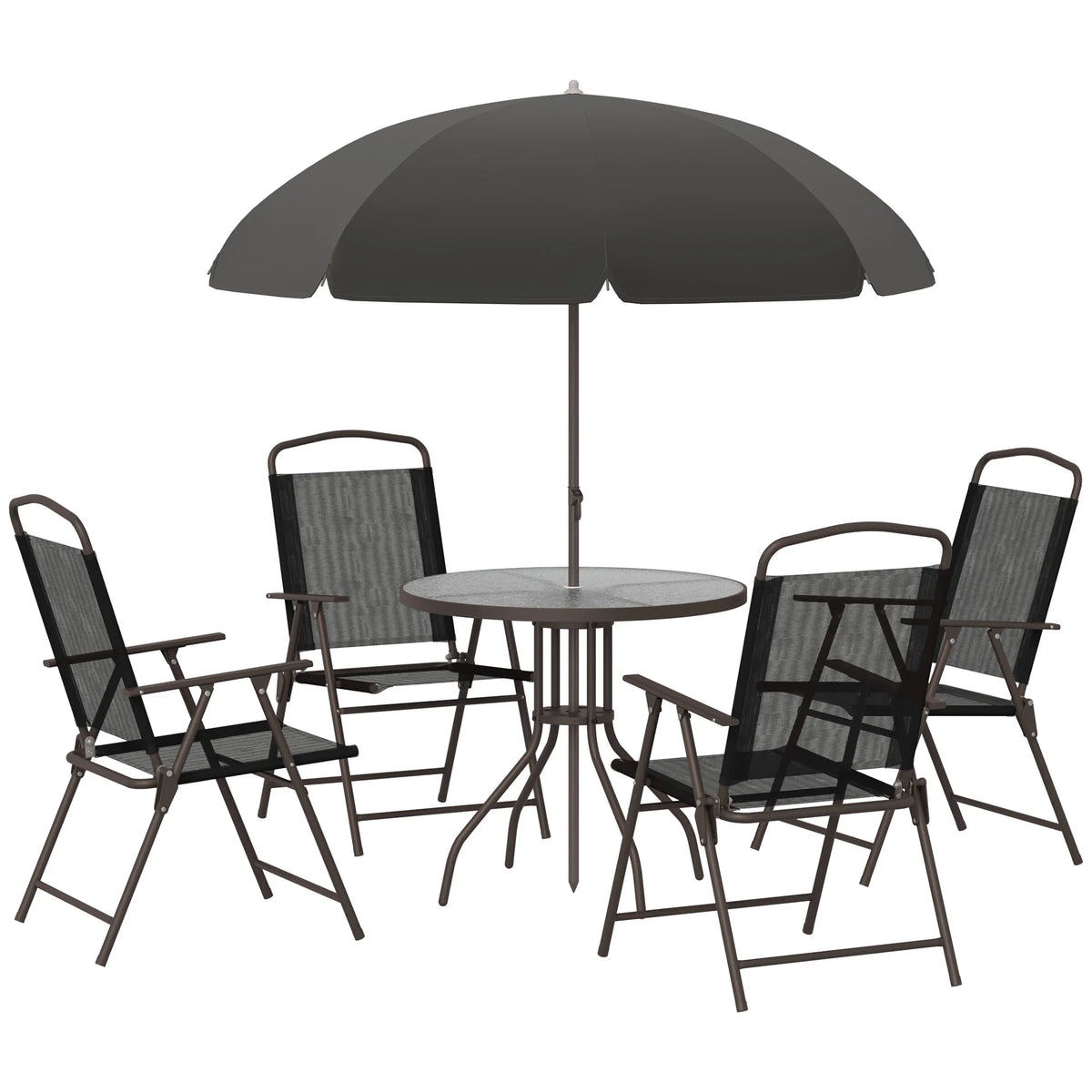 6 Piece Garden Dining Set with Parasol, Patio Table and 4 Chairs, Tempered Glass Top