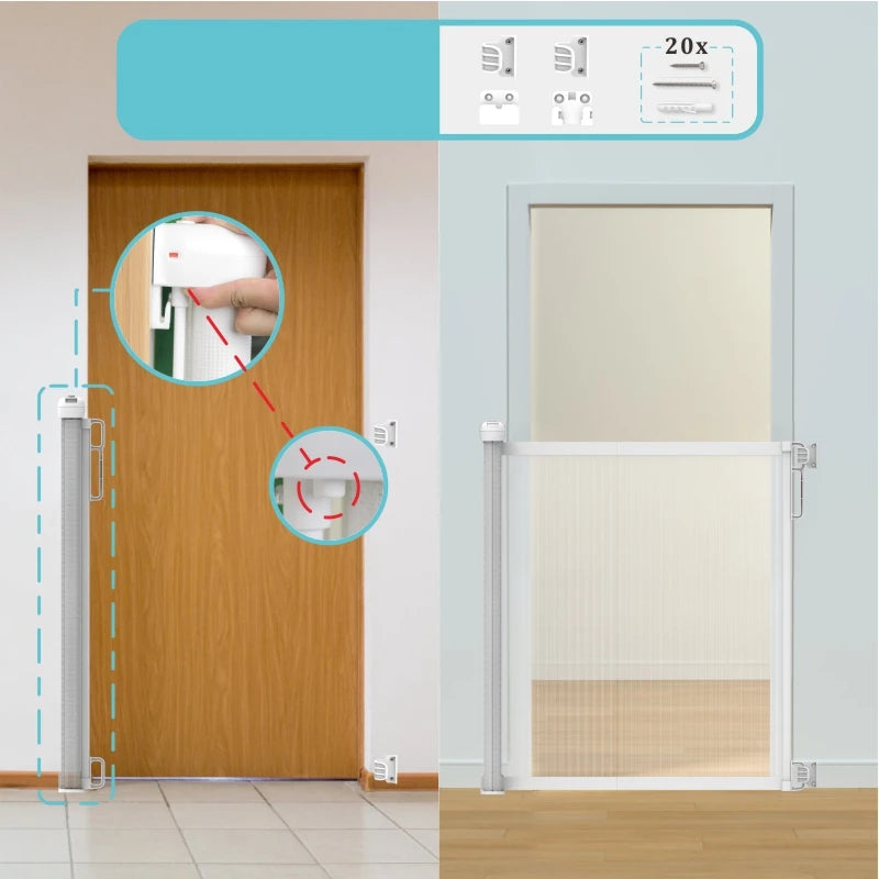 130cm Retractable Dog Gate Adjustable Double Locking System One Hand Operation for Stairs Doorways Kitchen White