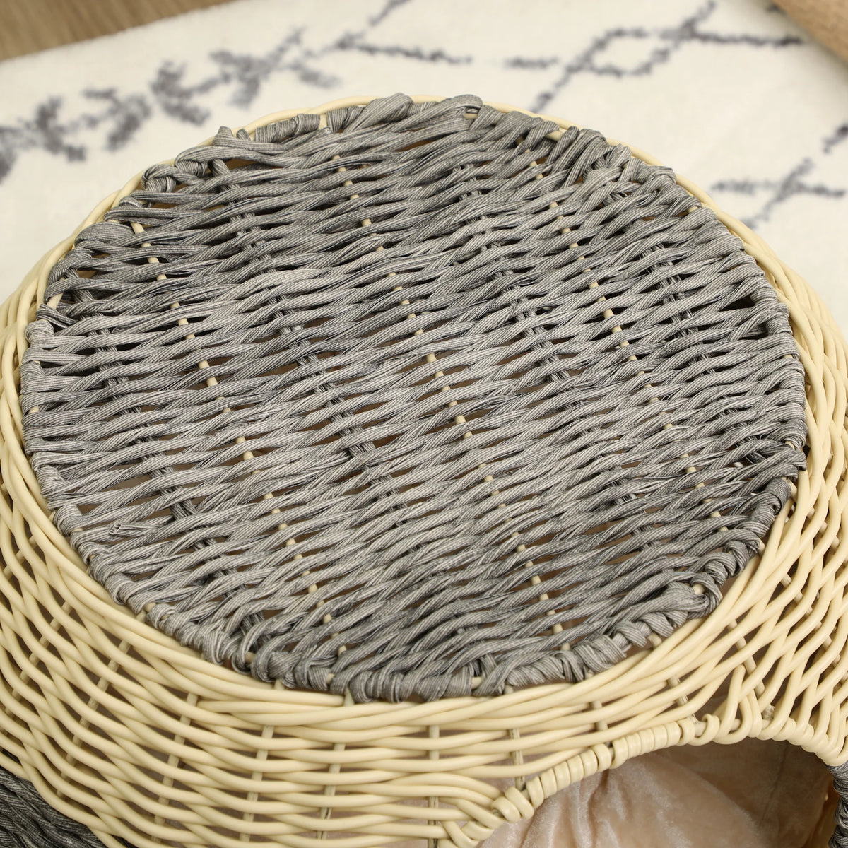 Wicker Cat House 40x30cm Raised 2 Layer Rattan Cat Bed with Washable Velvet Cushion Beige and Grey