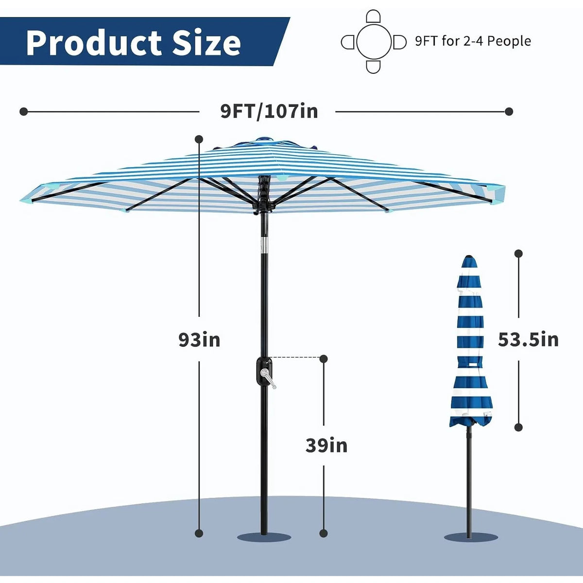 Octagonal Patio Umbrella, Blue & White Stripe Garden Parasol with Crank and Tilt, 270cm