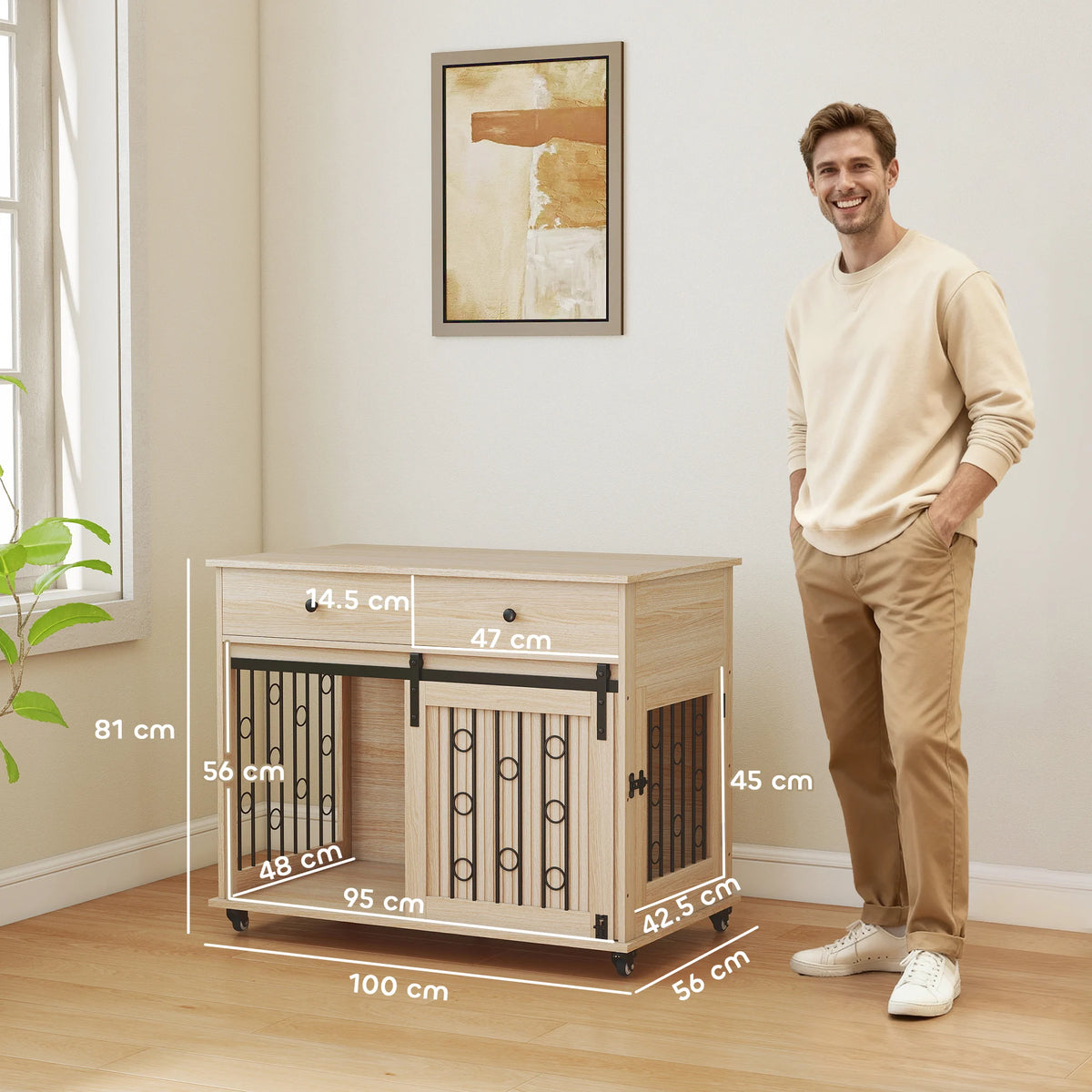 Dog Crate End Table with Sliding Barn Door, 2 Drawers and Wheels, Oak
