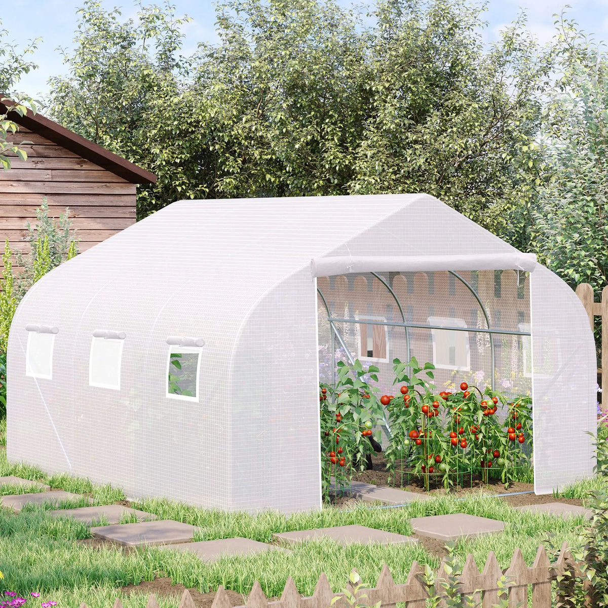 Walk-In Polytunnel Greenhouse with Roll-Up Door and Mesh Windows, 3.5 x 3 x 2m, White