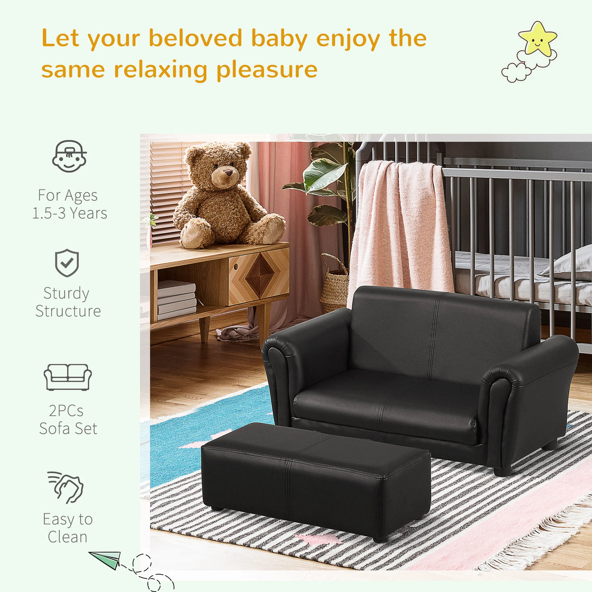 Kids 2 Seater Sofa with Footstool Toddler Twin Chair with Armrests Solid Wood 60kg for Ages 18-36 Months