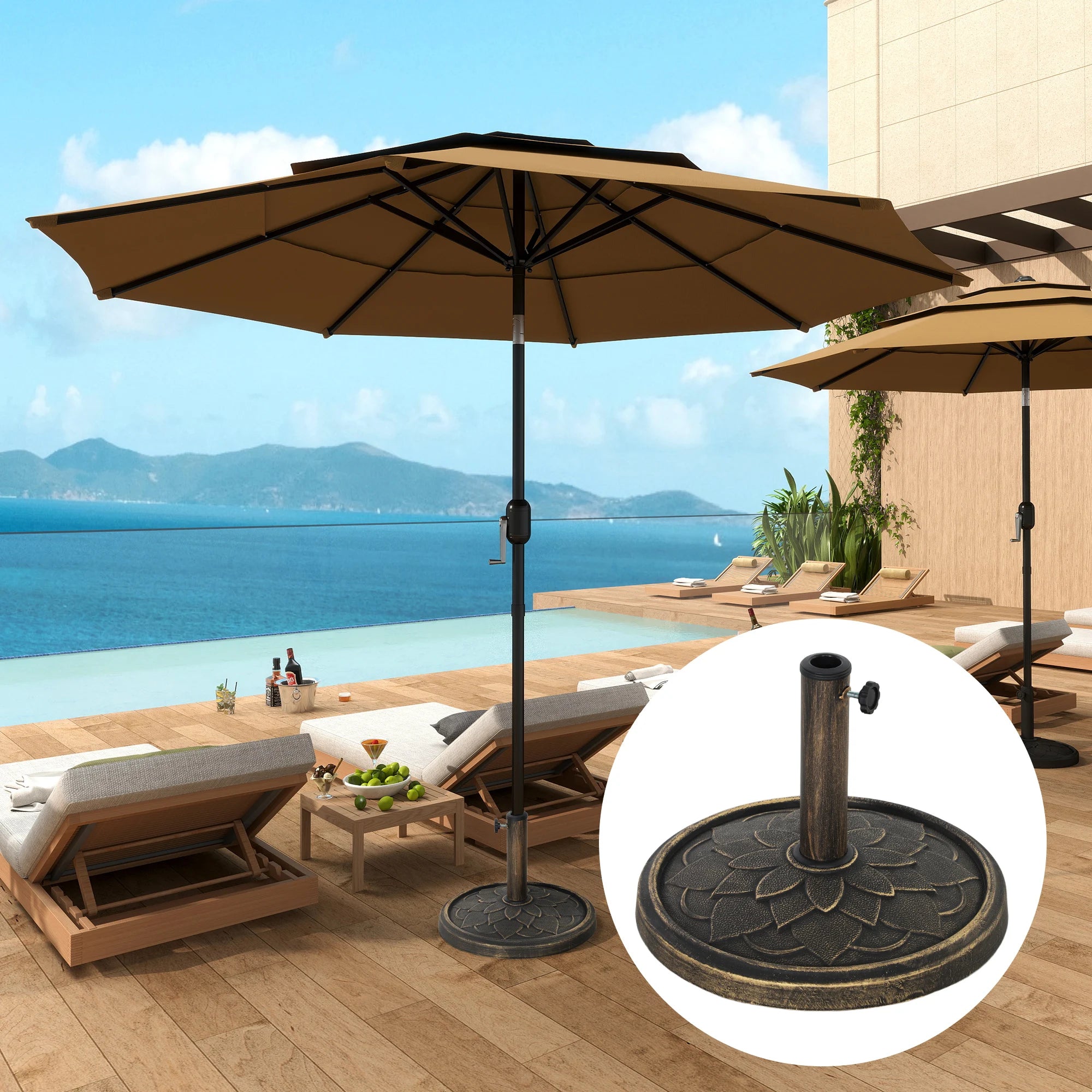12kg Round Resin Parasol Base Heavy Duty Garden Umbrella Stand Lotus Design Fits 32-48mm Poles Bronze Tone