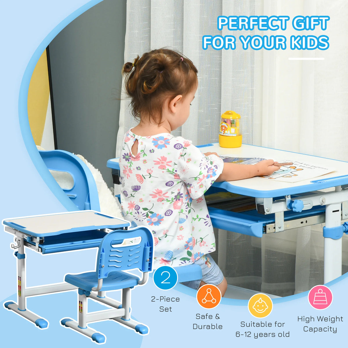 Kids Desk and Chair Set Height Adjustable 52-77cm with 45 Degree Tilting Top Drawer 2 Pen Slots and Hook