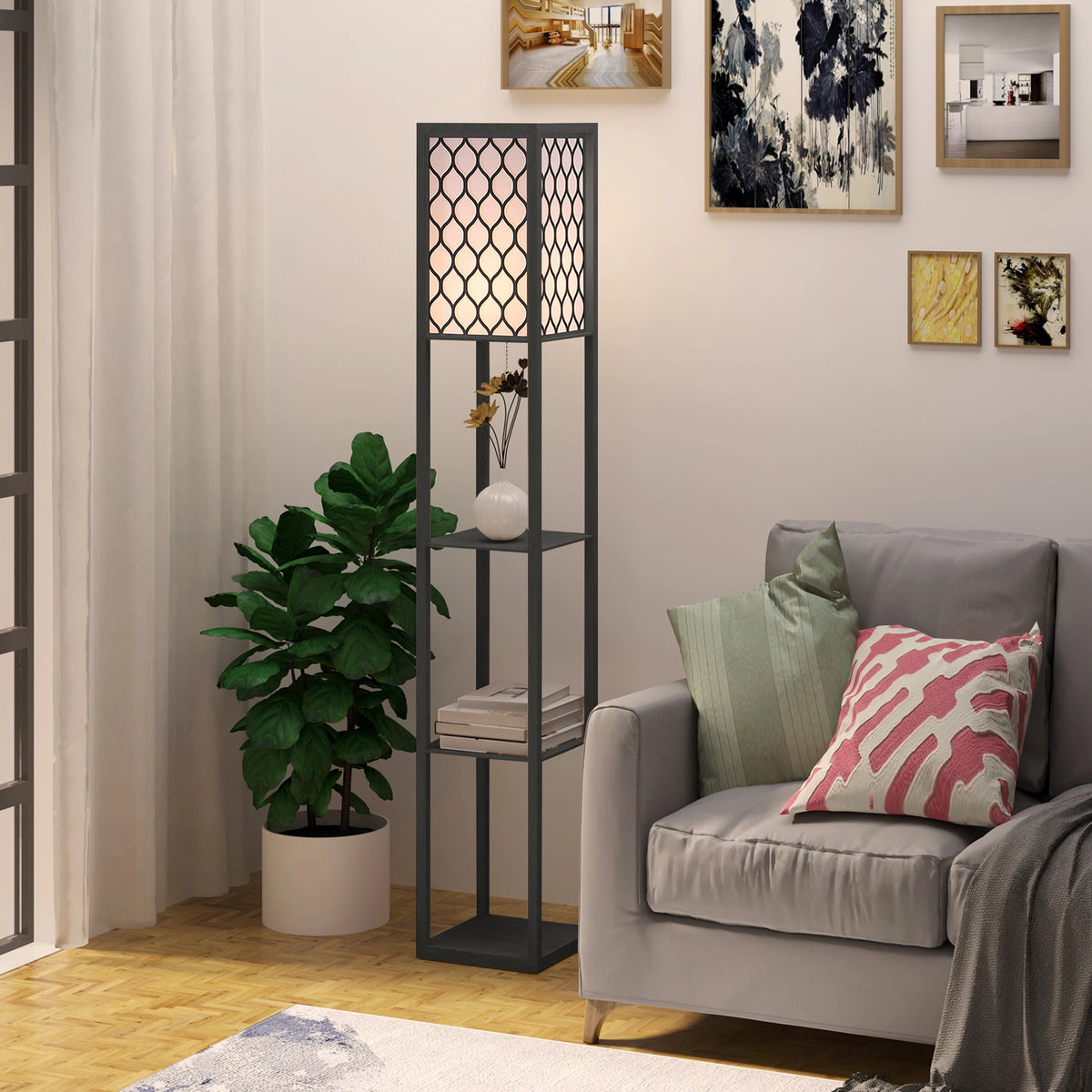 Floor Lamp with 3 Open Shelves, Corner Standing Light, Black