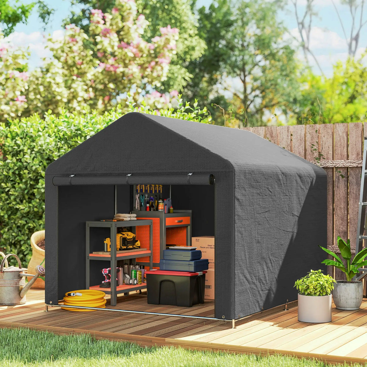 Garden Storage Shed Tent with Roll-Up Zipped Door, 6.6 x 7.8ft, Dark Grey