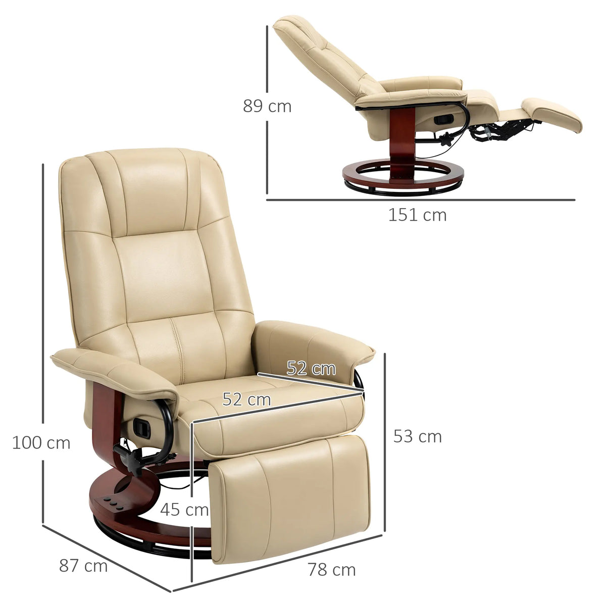 Swivel Recliner Chair with Footrest and Wooden Base, Faux Leather, Cream