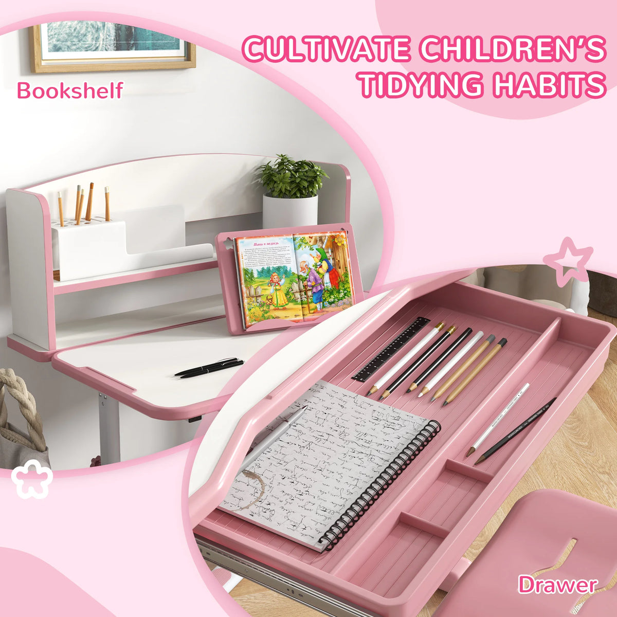 Kids Study Desk and Chair Set Height Adjustable 45 Degree Tilting Top with Drawer Bookshelf and Non Slip Mat