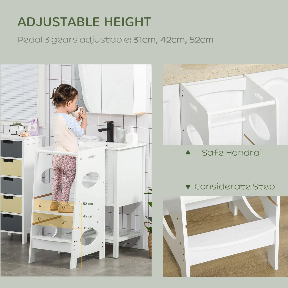 Toddler Step Stool Kids Adjustable Standing Tower with Safety Rail for Kitchen Counter
