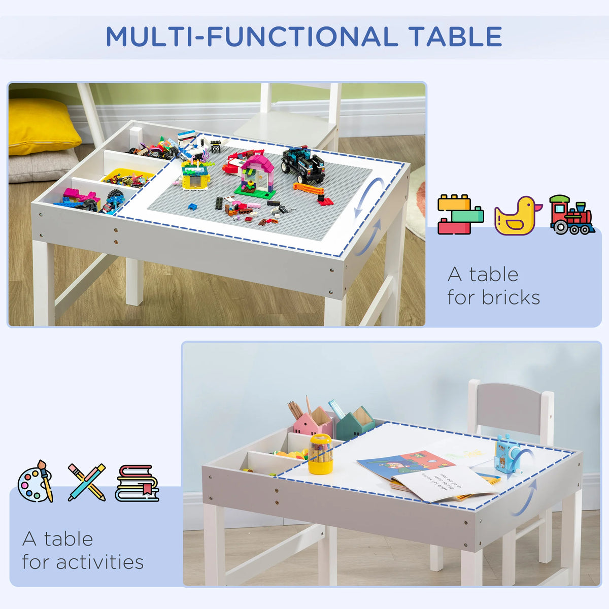 2 in 1 Kids Activity Table and Chair Set for Bricks with Storage MDF and Pinewood Ages 1.5-4 Grey