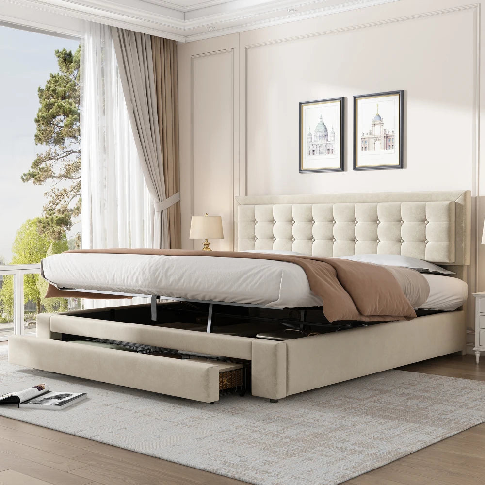 Super King 6ft Upholstered Bed Frame with Storage, Cream Velvet, Height-Adjustable Headboard