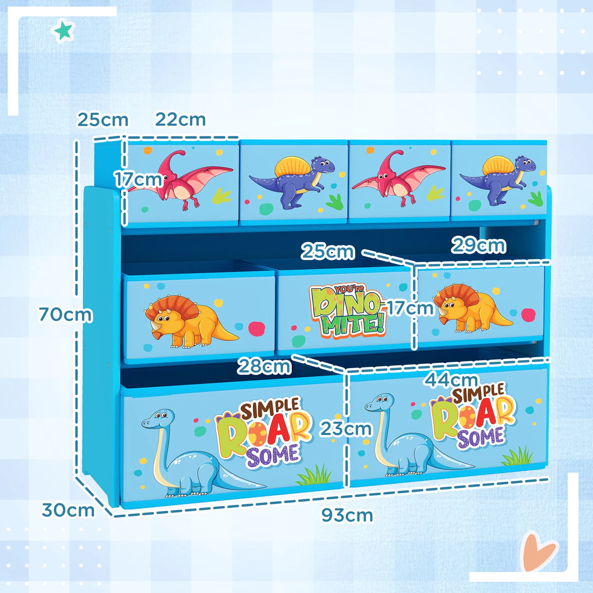 Kids Storage Unit, 3-Tier Toy Organiser Shelf with 9 Storage Boxes, Blue