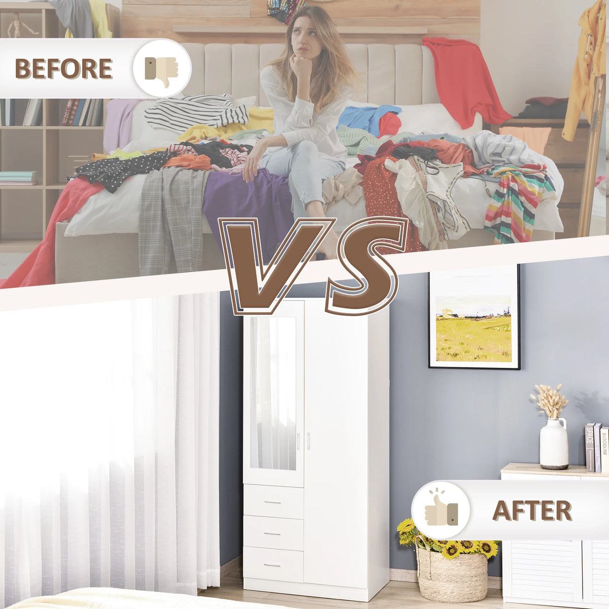 2 Door Wardrobe with Mirror, 3 Drawers and Adjustable Shelves, 80 x 50 x 180 cm, White