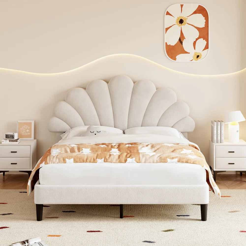 4ft6 Double Upholstered Velvet Bed Frame with Adjustable Petal Headboard, Beige