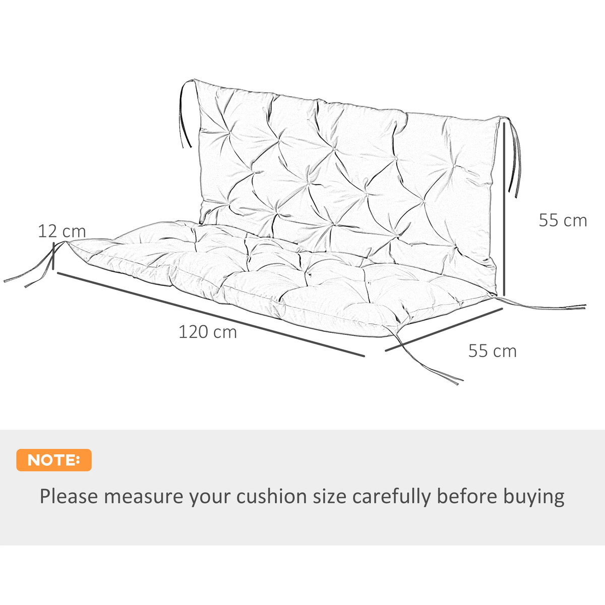 Garden Bench Cushion 2 Seater Swing Chair Seat Pad Water and Stain Resistant with Tie Fastenings Dark Grey