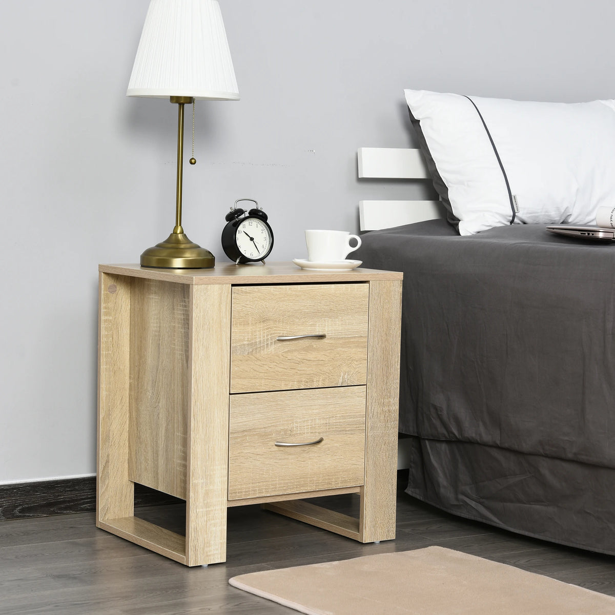 2 Drawer Boxy Bedside Table w/ Handles, Elevated Base, Oak Brown