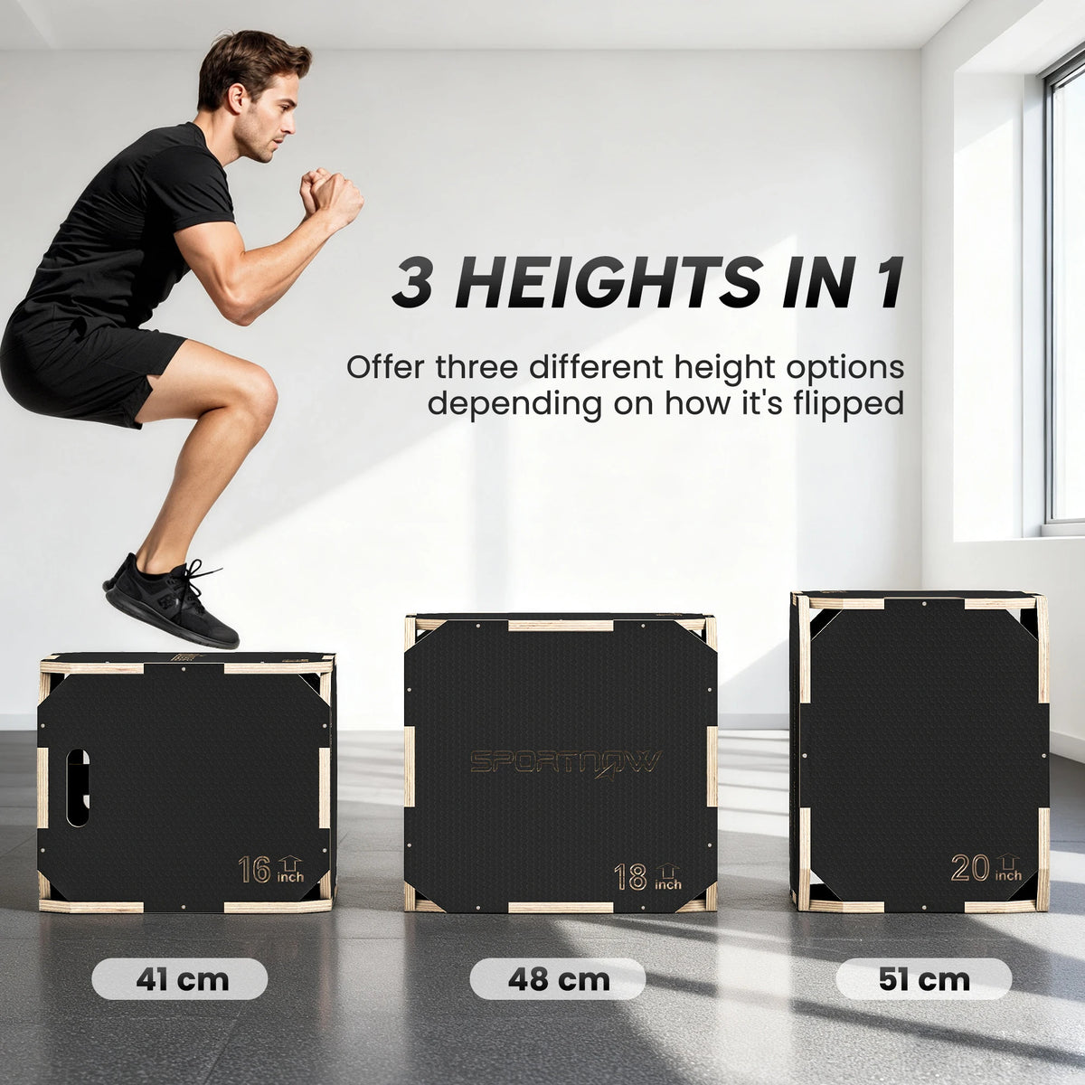 Non-Slip Wooden Plyo Box, 3-in-1 Jump Box, 41 x 48 x 51cm
