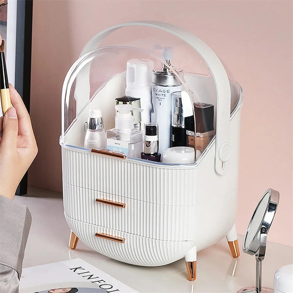 Large Makeup Organiser with 2 Drawers and Crystal Clear Dustproof Lid Jewellery and Skincare Storage Box