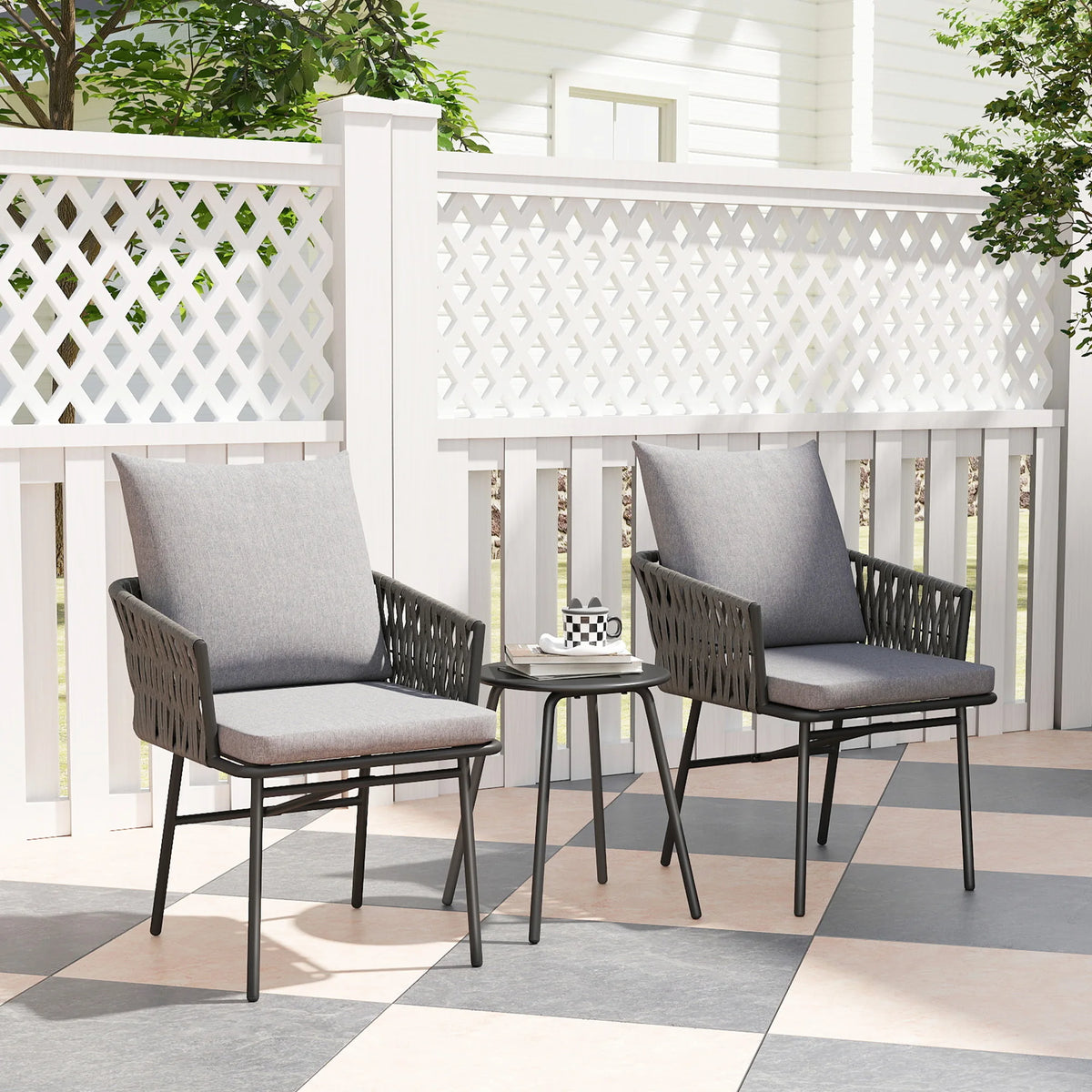 3 Piece Rattan Bistro Set with 4 Cushions, Garden Table and 2 Chairs, Grey